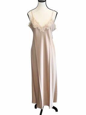 ✨ 100% Silk Lace Trim Midi Slip Dress Champagne Blush NWT